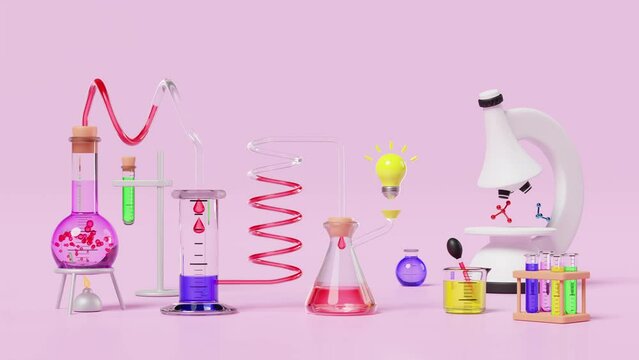 3d science experiment kit with beaker, test tube isolated on pink background. room online innovative education concept, 3d animation, alpha