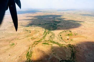 View of Thar desert from an aeroplane, Rajasthan, India. The propellers and thar desert in the...