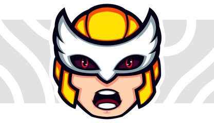 Cute chibi golden helmet screaming warrior head vector mascot