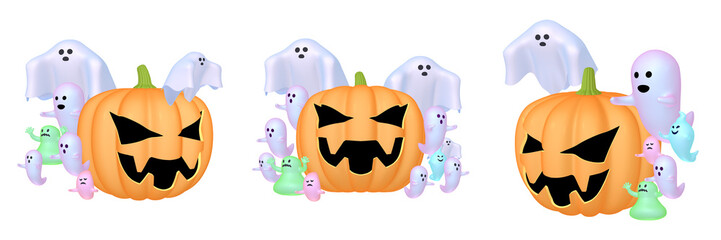 ハロウィンのイラスト素材　カボチャと小さなオバケたち（1_1 3 4）　カット三点セット