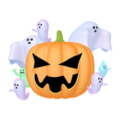 ハロウィンのイラスト素材　カボチャと小さなオバケたち（1_2）