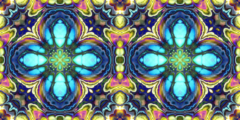 high contrast stained glass symmetrical medallions in blue, turquoise, creamy yellow, pink and green