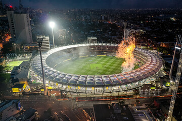 View of the stadium and fireworks from the air - obrazy, fototapety, plakaty