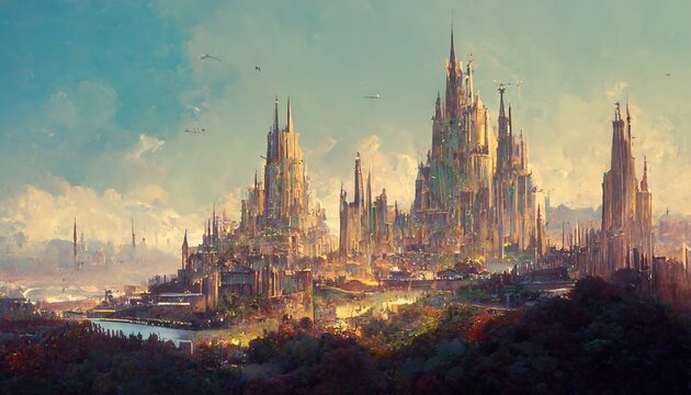 Majestic fantasy elf city, fantasy city skyline painting illustration