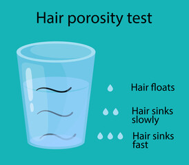 hair porosity test. Hair floats in a glass of water. cartoon style illustration - obrazy, fototapety, plakaty