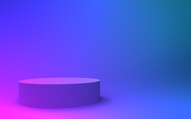 3d purple blue neon light cylinder podium minimal studio gradient dark colors background. Abstract 3d geometric shape object illustration render. Display for nightclub party and technology product.