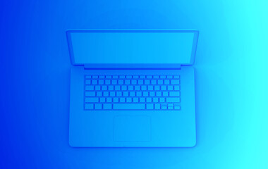 Laptop blue color on blue gradient backgrounds. Minimal object computer mockup business technology concept. 3D rendering.
