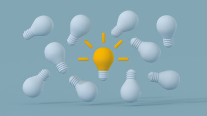 Outstanding glowing light bulb among turned off ones 3D render illustration