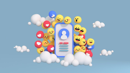 Social media account profile and unique design emojis 3D render illustration