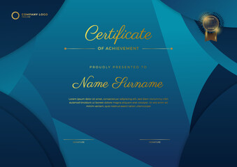 Blue Certificate of achievement template set Background with gold badge and border. Award diploma design blank. Vector Illustration EPS10