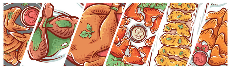 Collage of chicken dish product. Food chicken illustration drawing sideways collection poster hand-drawn vector design