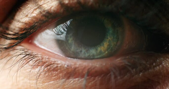 Green eye, paranoid and anxiety woman looking scared, worried and with stress while thinking. Zoom, detail and texture of vision idea, contact lenses and retina with lashes, makeup cosmetics and skin