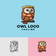 Cute and clean cartoon owl with scarf mascot premium logo design