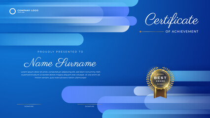 Blue Certificate of achievement template set Background with gold badge and border. Award diploma design blank. Vector Illustration EPS10