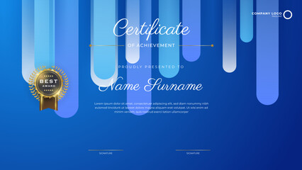 Blue Certificate of achievement template set Background with gold badge and border. Award diploma design blank. Vector Illustration EPS10