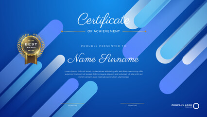Blue Certificate of achievement template set Background with gold badge and border. Award diploma design blank. Vector Illustration EPS10