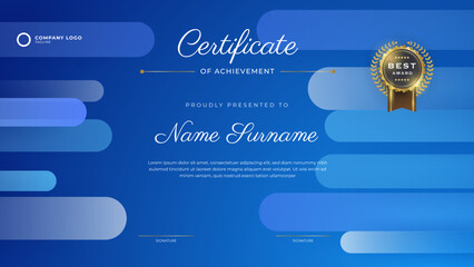 Blue Certificate of achievement template set Background with gold badge and border. Award diploma design blank. Vector Illustration EPS10