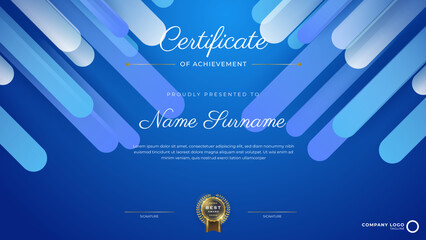 Blue Certificate of achievement template set Background with gold badge and border. Award diploma design blank. Vector Illustration EPS10