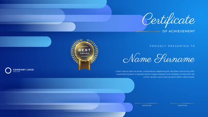 Blue Certificate of achievement template set Background with gold badge and border. Award diploma design blank. Vector Illustration EPS10