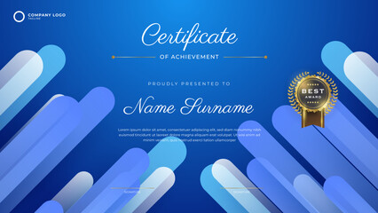 Blue Certificate of achievement template set Background with gold badge and border. Award diploma design blank. Vector Illustration EPS10