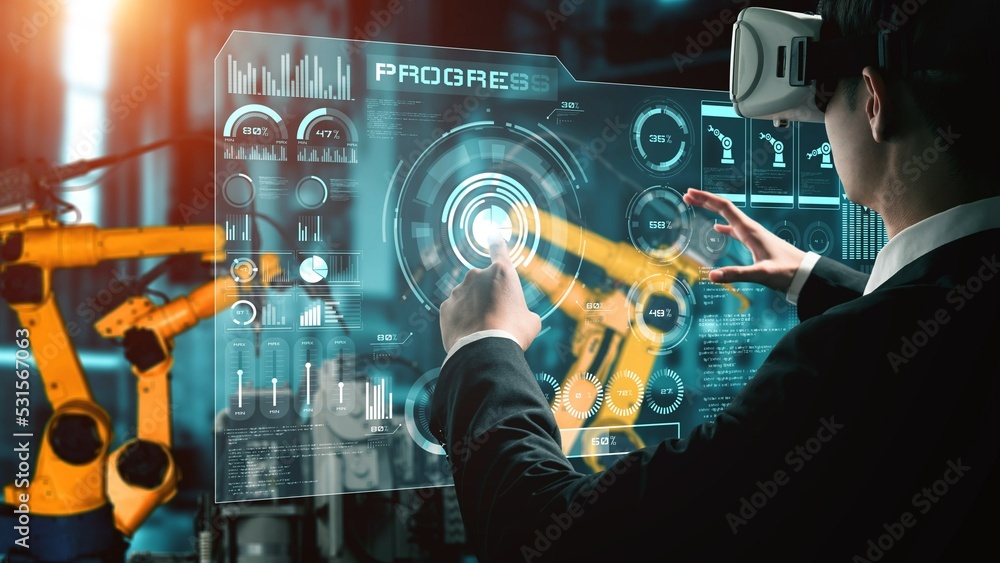 Poster engineer use cybernated robotic software to control industry robot arm in factory . automation manuf