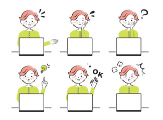 パソコンを操作するシニア女性　感情　正面　 3c