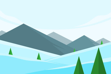winter landscape flat illustration with pine trees and rock mountains