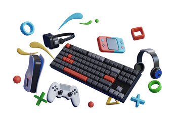 Gaming Keyboard 3D Model Rendering. Flying gamer gears like mouse, keyboard, joystick, headset, VR Headset , gamepad.  Gaming Keyboard hanging with gaming equipment. 3d rendering © novia99design