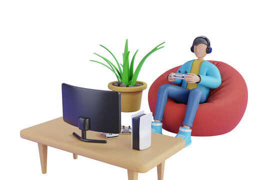 3D  man playing game in sofa. Cartoon character man on red bag armchair play video game. plays video games on the computer. 3d illustration.