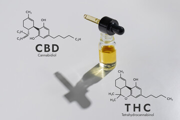 CBD oil in a clear, glass container with a dropper lid, isolated on a white background and...