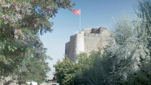 Turkish Flag atop Harput Castle Telephoto mid shot