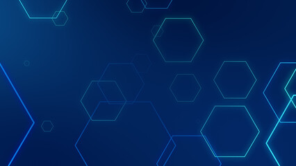Abstract hexagon geometric blue neon lights technology dark background.