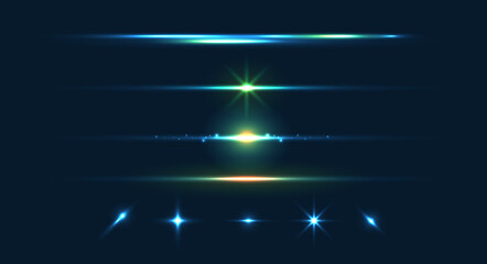 Horizontal lens flares pack and stars. Laser beams, horizontal light rays. beautiful light flares. glowing streaks on dark. luminous abstract sparkling lined background. glowing streaks. vector