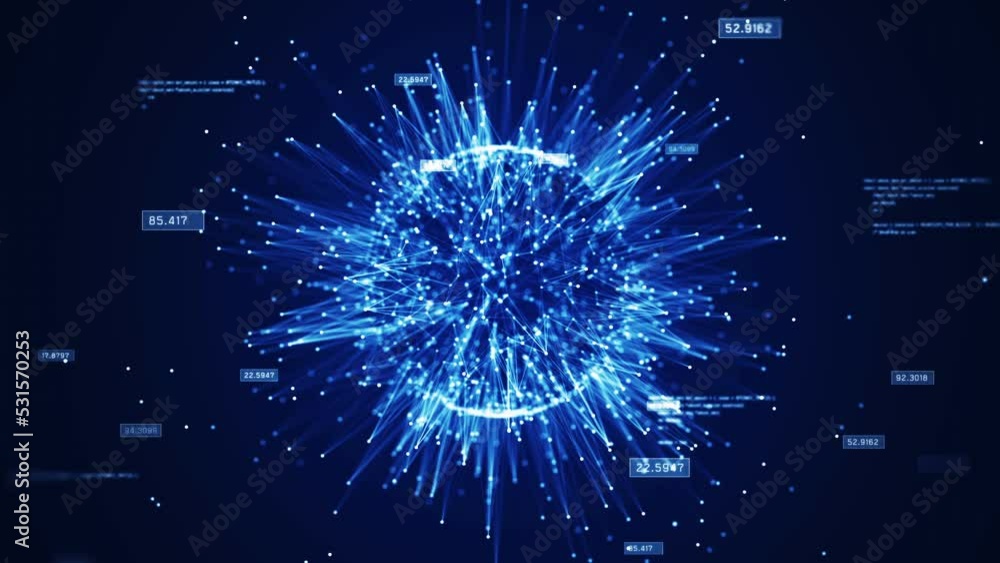Poster big data collection technology concept It is a powerful computing system that can handle huge amounts of data. Interconnected polygons form a prominent sphere in the center on a dark blue background.