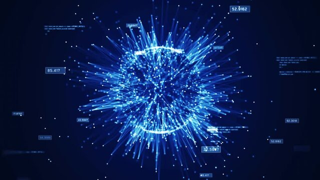 big data collection technology concept It is a powerful computing system that can handle huge amounts of data. Interconnected polygons form a prominent sphere in the center on a dark blue background.