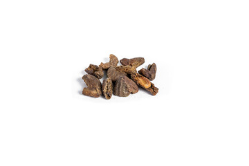 Pile of Organic Chebulic Myrobalan or Choti Harad or Terminalia chebula isolated on white background.