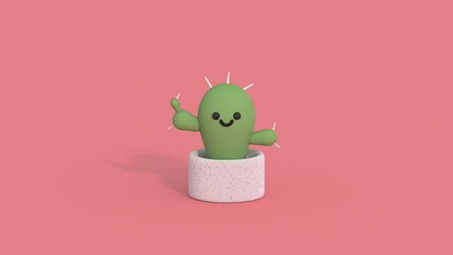 Cute cartoon cactus. 3D render animation