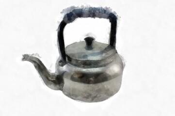 antique kettle watercolor style illustration impressionist painting.