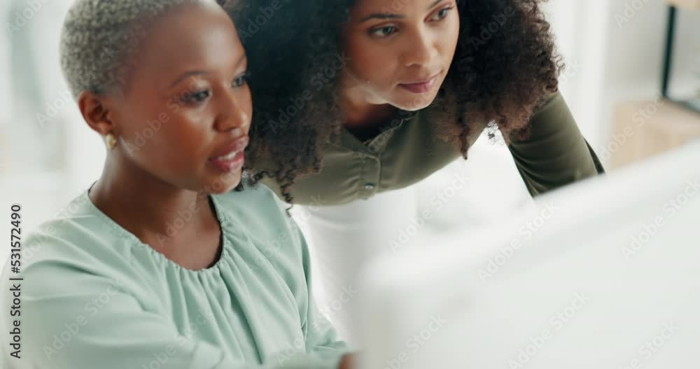 Poster women in office, with computer on desk talk about design idea or development of product. manager has