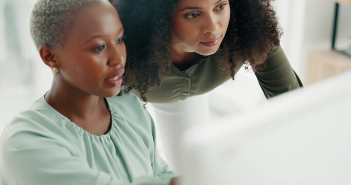 Women in office, with computer on desk talk about design idea or development of product. Manager has conversation creative plan for business with employee, planning strategy on pc or online