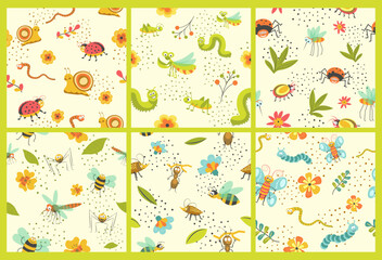 Fototapeta na wymiar Pattern decoration with insect, wildlife plant set