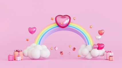 Promotion platform cloud and rainbow with gifts box and balloon, mock up for valentine or anniversary season, 3D rendering.