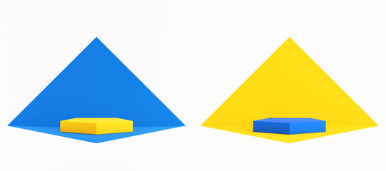 Yellow and blue Pentagon podium with pyramid shape perspective wall and floor, 3D rendering.