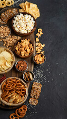 Assortment of salty snacks on dark background.