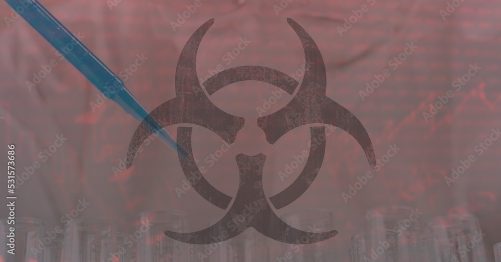 Poster digital illustration of a hazard sign over data processing, statistics showing in the background