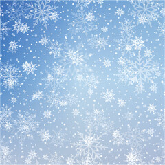 Happy New Year or Xmas sky background with falling snowflakes. Vector