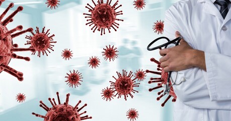 Digital illustration of a doctor holding his stethoscope over macro Coronavirus Covid-19 cells float