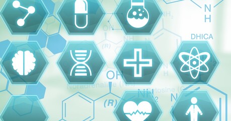 Digital illustration of medical icons over chemical element in the background