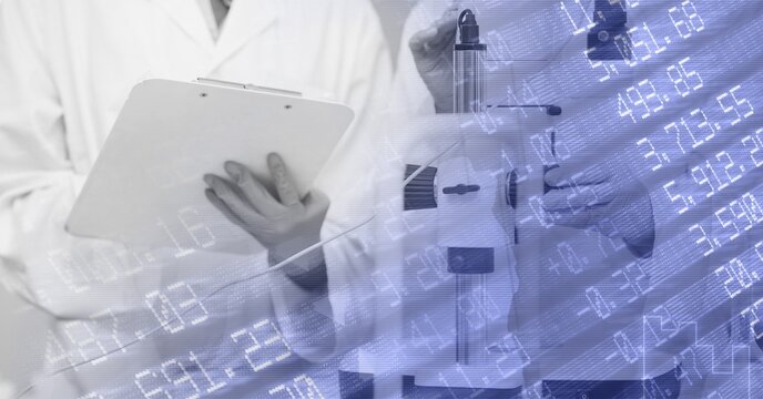 Digital illustration of a doctor holding a file of papers with a scientist