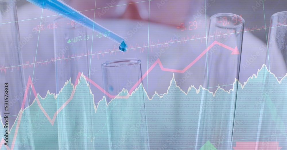 Poster digital illustration of a scientist pouring liquid into a test tube with a pipette over data process